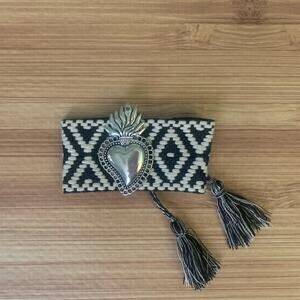 💜3/$35 SALE! Black White Silver Heart On Fire Adjustable Wrap Bracelet Tassel